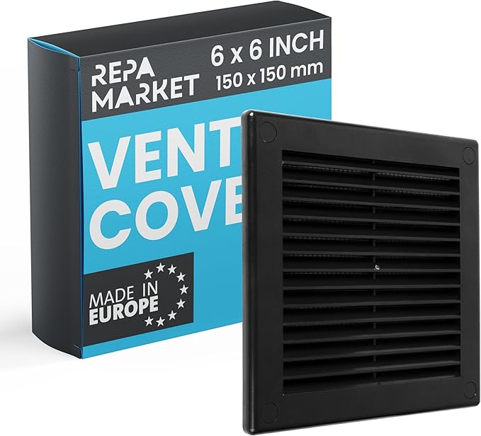 Repa Market 6 x 6 Inch (Outer) Black Square Air Vent Cover - Plastic Fresh Air Intake Vent - AC Cover with Nylon Mesh Screen, Wall, Ceiling HVAC Return Air Register, Modern Soffit Vents