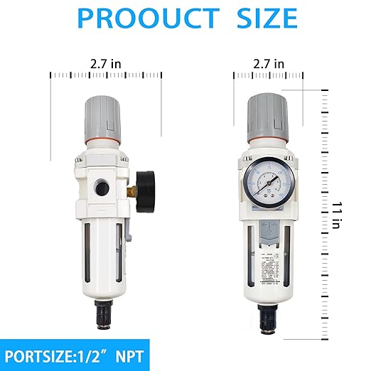XingNEeng 1/2" NPT Compressed Air Filter Regulator Combo Piggyback, Water/Oil Trap Separator with Pressure Gauge(0-150 psi), Auto Drain, Poly Bowl, 5 Micron Brass Element, Metal Bracket