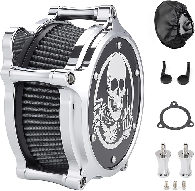Motorcycle Air Cleaner Skull Style Air Filter with Dustproof Protective Cover Kit for Harley Davidson Touring Trike 2008-16 Softail 2016-17 Dyna 2017 (Chrome)
