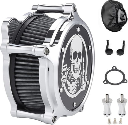 Motorcycle Air Cleaner Skull Style Air Filter with Dustproof Protective Cover Kit for Harley Davidson Touring Trike 2008-16 Softail 2016-17 Dyna 2017 (Chrome)