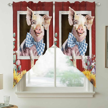 Pig Sunflowers Swag Valances for Windows, Eucalyptus Leaves Floral Bees Red Barn Rod Pocket Kitchen Curtains Valance, Small Window Curtains Swag for Cafe Bathroom Living Room, 2 Panels, 36x36 inch