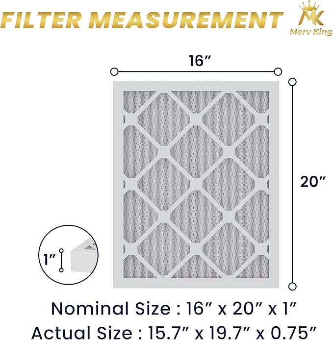 MervKing 16x20x1 Air Filter Actual Size: 15.7" x 19.7" x 0.75" MERV 8 MPR 600-700 | MADE IN USA | 12-Pack | Pleated HVAC AC Furnace Replacement