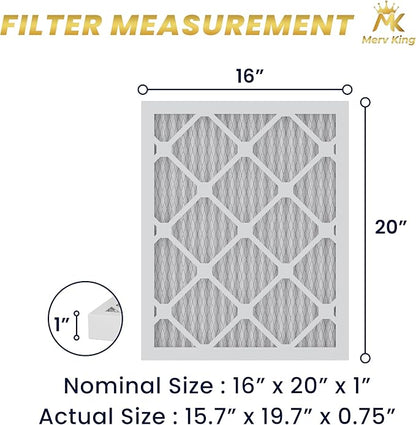 MervKing 16x20x1 Air Filter Actual Size: 15.7" x 19.7" x 0.75" MERV 8 MPR 600-700 | MADE IN USA | 12-Pack | Pleated HVAC AC Furnace Replacement