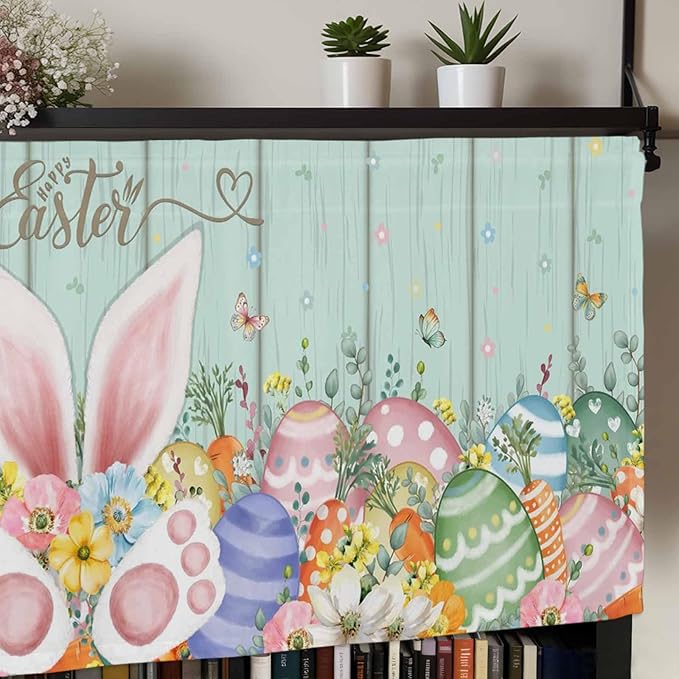 Easter Curtain Valances for Windows, Kitchen Valance Window Treatment, Spring Rabbit Ear Eggs Floral Green Wooden Grain Light Filtering Block Curtains for Bathroom/Bedroom/Living Room 54'' x 18''