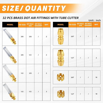 32PCS Brass DOT Air Brake Hose End Fitting Kit - J1402 Sleeve Tube Assortment for Replacement, Assembly (Connector, Union and Sleeve)