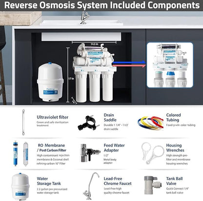 RTW5U Reverse Osmosis Water Filter System with UV Filter, Ultraviolet TDS Reduction RO Water Filtration System, 6-Stage Under Sink Water Filter with Faucet Plus Extra 3 Filters, 50 GPD, White