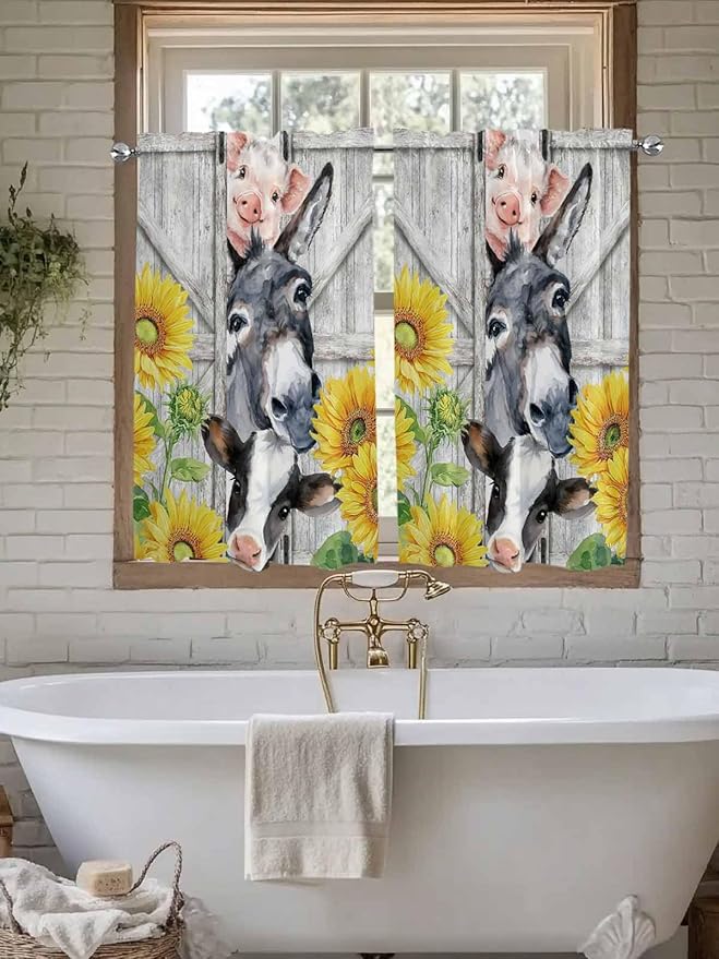 Farmhouse Kitchen Curtains 54 Inches length, Watercolor Sunflowers Animals Printed Wood Grain Window Treatment Curtain Drapes, Decorative Window Curtains for Bedroom Cafe, 52"x54", 2 Panels