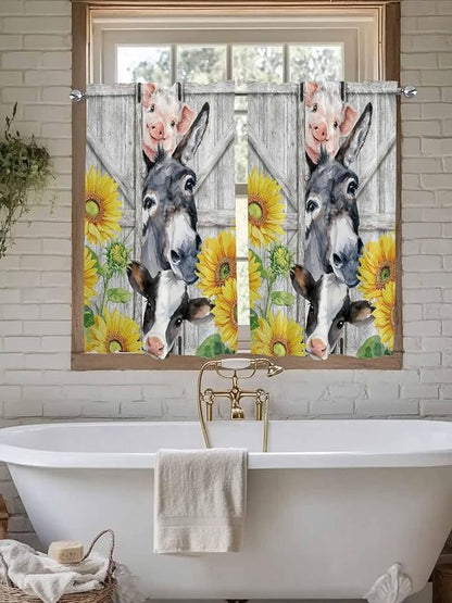 Farmhouse Kitchen Curtains 54 Inches length, Watercolor Sunflowers Animals Printed Wood Grain Window Treatment Curtain Drapes, Decorative Window Curtains for Bedroom Cafe, 52"x54", 2 Panels