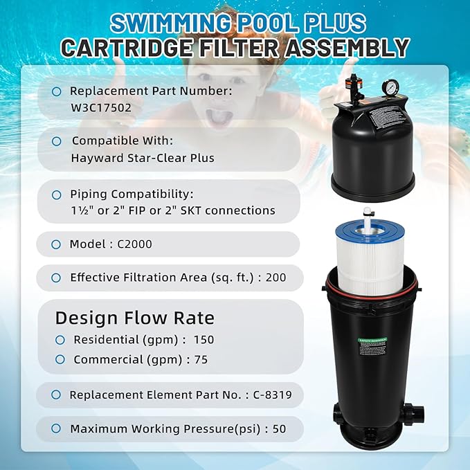 W3C17502 Swimming Pool Plus Cartridge Filter Assembly 200 Sq Ft,150 GPM Compatible with Hayward StarClear Plus,Replacement Element Part C-8319