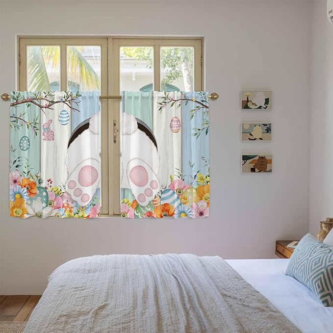 Easter Kitchen Curtains 54 Inch Long 2 Panel Set,Rod Pocket Window Curtains Panels,Spring Watercolor Bunny Eggs Wood Grain Teal Blue Light Filtering Drapery Draperies for Bathroom Bedroom 52"W x 54"L