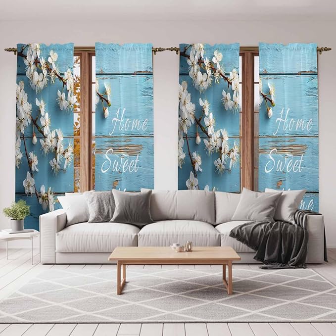 Farmhouse Wooden Grain Kitchen Curtains, Vintage Shabby Chic Flower Blue Light Filtering Window Curtain Panels, 2Pcs Rod Pocket Window Treatments Set for Living Room Bathroom Bedroom 52x72 Inches