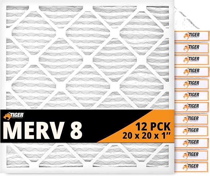 Tiger Tough 20x20x1 Air Filter MERV 8 MPR 600-800, High-Performance Pleated HVAC AC Furnace Filter Replacement for Home, 12-Pack