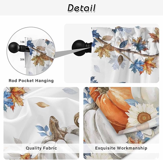Navy Blue Pumpkin Fall Kitchen Tier Curtains 45 Inch Long 2 Panel Set,Rod Pocket Short Window Treatment,Thanksgiving Maple Leaves Branches Curtains & Drapes for Bathroom Basement 27.5"W x 45"L