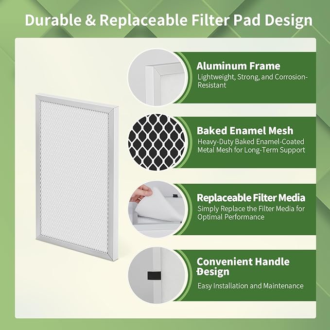 16x24x1 Reusable Air Filter MERV 8 Washable Furnace & AC Filter with 2 Extra Media Pads, Aluminum Electrostatic Air Filters for Home, Fits HVAC System, Air Conditioner, Air Handler