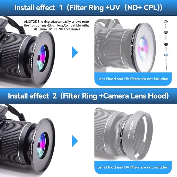 43mm to 82mm Lens adapter/43mm Lens to 82mm Camera Filters Ring Compatible All 43mm Camera Lenses to 82mm UV CPL ND Filter Accessory and 82mm Lens Hood(43-82mm)