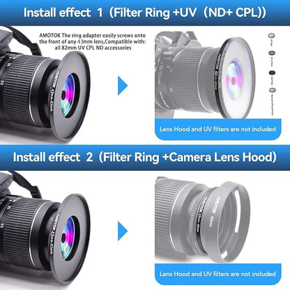 43mm to 82mm Lens adapter/43mm Lens to 82mm Camera Filters Ring Compatible All 43mm Camera Lenses to 82mm UV CPL ND Filter Accessory and 82mm Lens Hood(43-82mm)