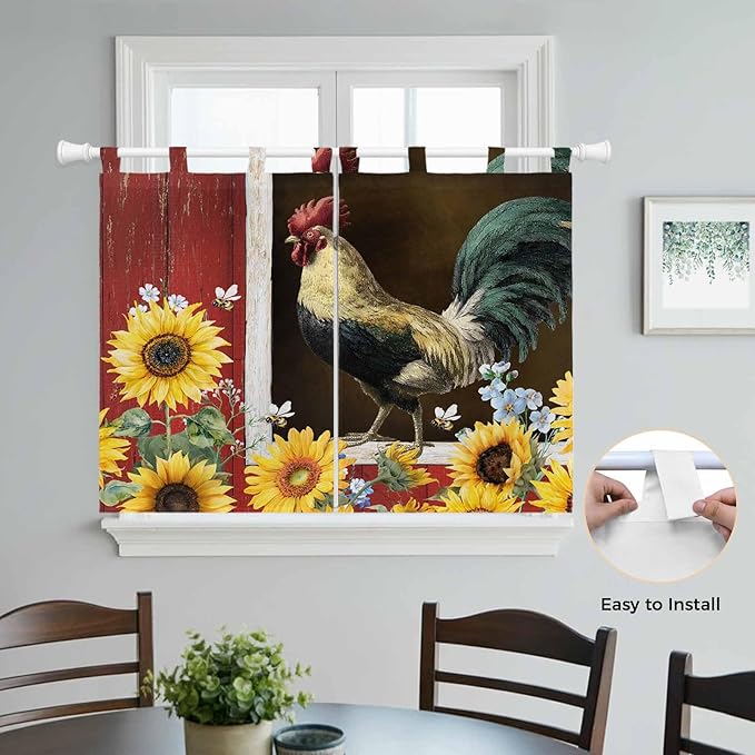 Chicken Sunflowers Bedroom Curtains 63 Inch Length, Window Curtains Tab Top, Farmhouse Animals Red Barn Bees Light Filtering Window Treatments Drapes 42"x63" 2 Panel