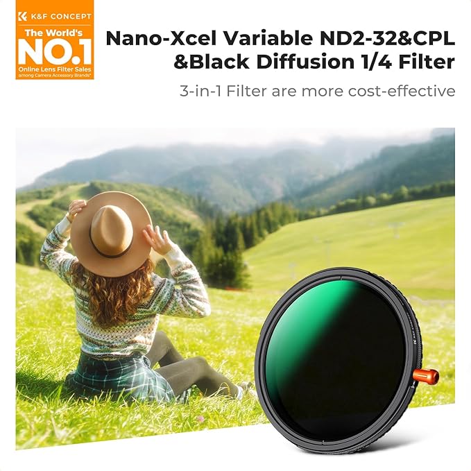 K&F CONCEPT 62mm Black Diffusion Mist Effect 1/4 & Variable ND2-32(1-5 Stops) & Circular Polarizing Filter CPL-in 1 HD Lens Filter with 28 Multi-Coatings for Camera Lenses (Nano-X Series)