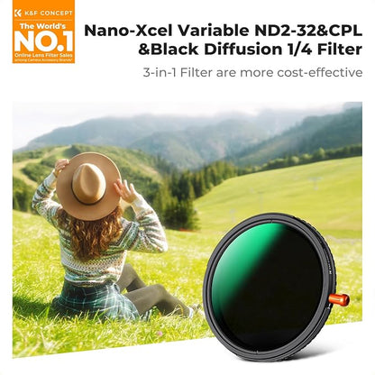 K&F CONCEPT 62mm Black Diffusion Mist Effect 1/4 & Variable ND2-32(1-5 Stops) & Circular Polarizing Filter CPL-in 1 HD Lens Filter with 28 Multi-Coatings for Camera Lenses (Nano-X Series)