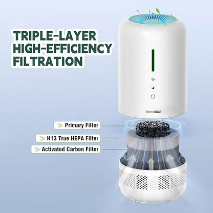 Portable HEPA Air Purifier Energy-Saving Mode, One Touch Operation, Lightweight 1.83LBS, Night Light Dimming, 360° Outlet, Suitable for Vehicle Cabins, Studios, Apartments & Cubicles