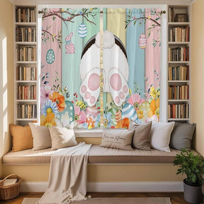 Easter Window Curtains 63 Inch Long 2 Panel Set, Rod Pocket Bedroom Curtains & Drapes, Spring Colorful Bunny Eggs Flower Wood Grain Light Filtering Window Treatment for Living Room 42"W x 63"L