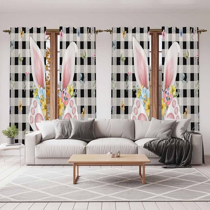 Easter Window Curtains 72 Inch Long 2 Panel Set,Rod Pocket Long Curtains & Drapes,Spring Rabbits Ears Feet Wildflowers Black Plaid Light Filtering Window Treatment for Bedroom Living Room 52"W x 72"L