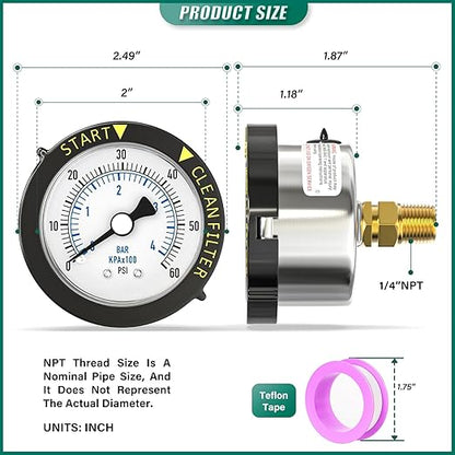 0-60PSI Stainless Steel Pool Filter Pressure Gauge, 1/4" NPT Back Mount, with Plastic Adjustable Bezel, Start and Clean Filter Pressure Gauge, for Swimming Pool, spa, Aquarium