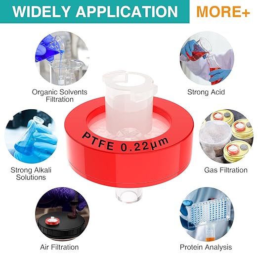 SimPure Syringe Filter PTFE 200 PCS Hydrophobic Membrane, 25mm Disc Diameter, 0.22um Pore Size, HPLC and GC Needle Filter, Non-Sterile, High Throughput Lab Filtration