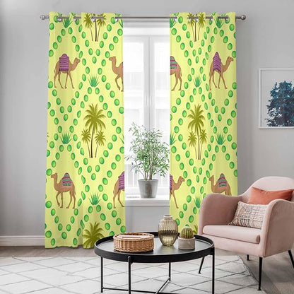 2 Panel Kitchen Cafe Curtains, Desert Sand Camels Sunlight Filtering Nature Air Through, Window Decor Tier Curtains for Living Room 104W x 90L inch Palm Trees Tropical Plants Polka Dot Yellow