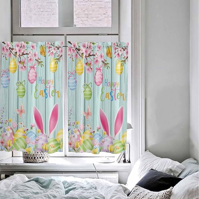 Happy Easter Tier Curtains 45 Inches Long, Spring Bunny Eggs Flower Teal Wood Grain Window Treatment Curtain Drapes, Small Curtain Drapes for Bathroom Laundry Room, 27.5"x45", 2 Panels