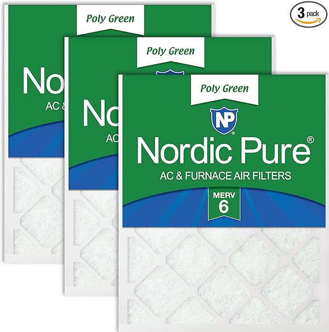 Nordic Pure 14x30x1 (Actual Size: 13 15/16 x 29 15/16 x 3/4) Poly Green MERV 6 AC Furnace Air Filters – Reduces Dust, Pollen, Pet Dander & Allergens – 3-Pack