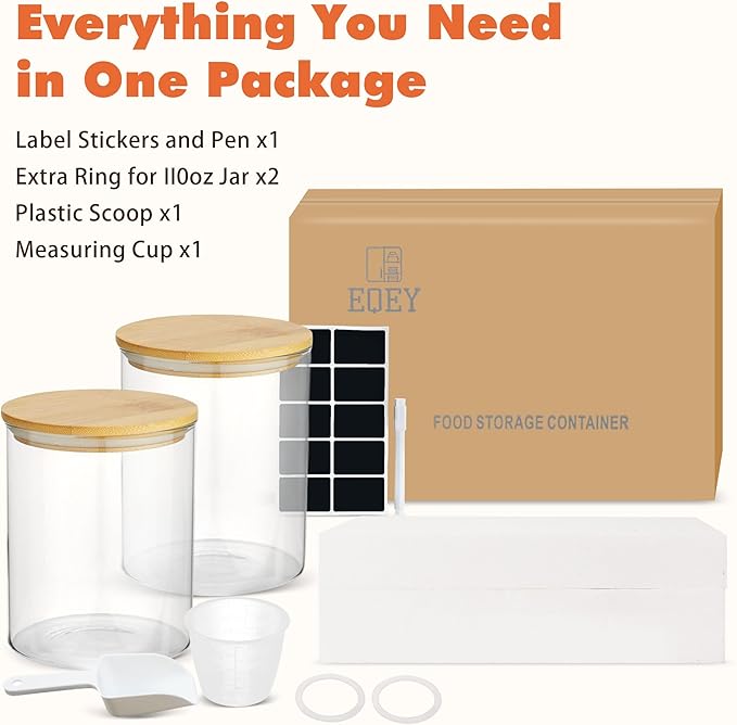 Glass Storage Jars Set Elegant Containers with Airtight Bamboo Lids, Perfect for Kitchen Organization - Flour, Rice, Pasta, Sugar, Coffee Beans, Accessories Included (2 packs(111oz))