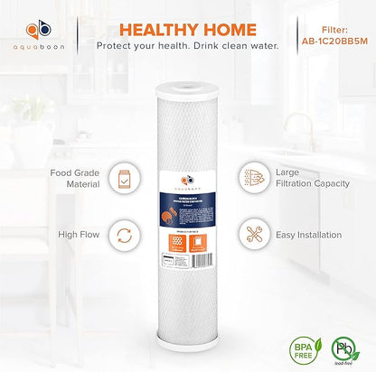 Aquaboon 4.5 x 20 Water Filter 5 Micron Carbon Block Water Filter Replacement Cartridge Large Capacity for Whole Home Water Filtration Compatible with Pelican Water PRL-RCL, Pentek EP-20BB (6 Pack)