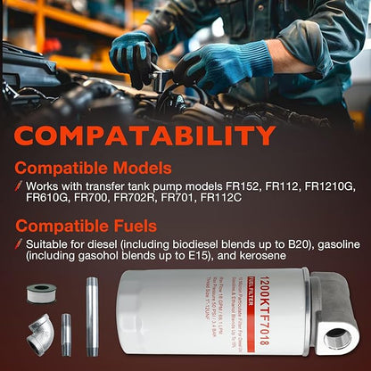 1200KTF7018 Fuel Filter Spin-On Particulate Replacement for Transfer Pumps FR112 FR1210G FR610G,18 GPM Flow Rate,50 PSI- Includes 1200KTG9075 Filter Head, 3/4" ST Elbow, and 3/4" x 7" Nipple