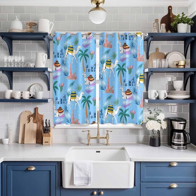 2 Panel Kitchen Cafe Curtains, Desert Landscape Sunlight Filtering Nature Air Through, Home Decor Window Covering Tier Curtains for Living Room 80W x 63L inch Cute Camels Palm Trees Houses Leaves Blue
