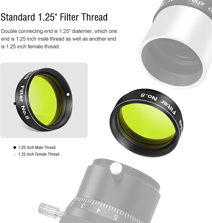 Astromania Telescope Filter, Planetary Filter with Metal Frame for Astronomical Telescope Eyepiece, 1.25 Inch Telescope #8 Yellow Color Filter for Enhancing Contrast in Lunar Planetary Observation