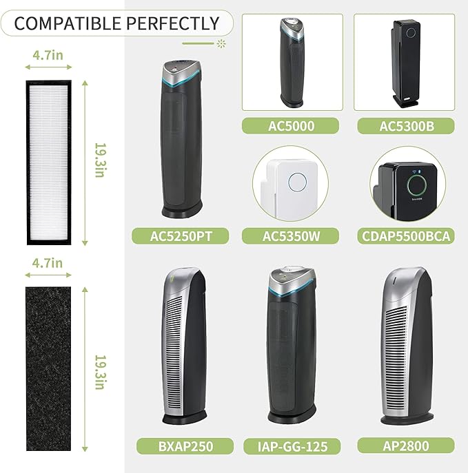 Filter C FLT5000 Filter Compatible with Germ-Guardian True Hepa Filter Air Puri-fier AC5250PT AC5000E AC5300B AC5350W, 2 HEPA and 6 Pre-Filter