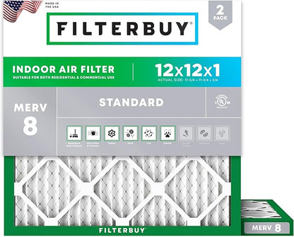 Filterbuy 12x12x1 Air Filter MERV 8 Essential Dust & Allergy Defense (2-Pack), Electrostatic Pleated HVAC AC Furnace Filters Replacement, Made in USA (Actual Size: 11.75 x 11.75 x 0.75)