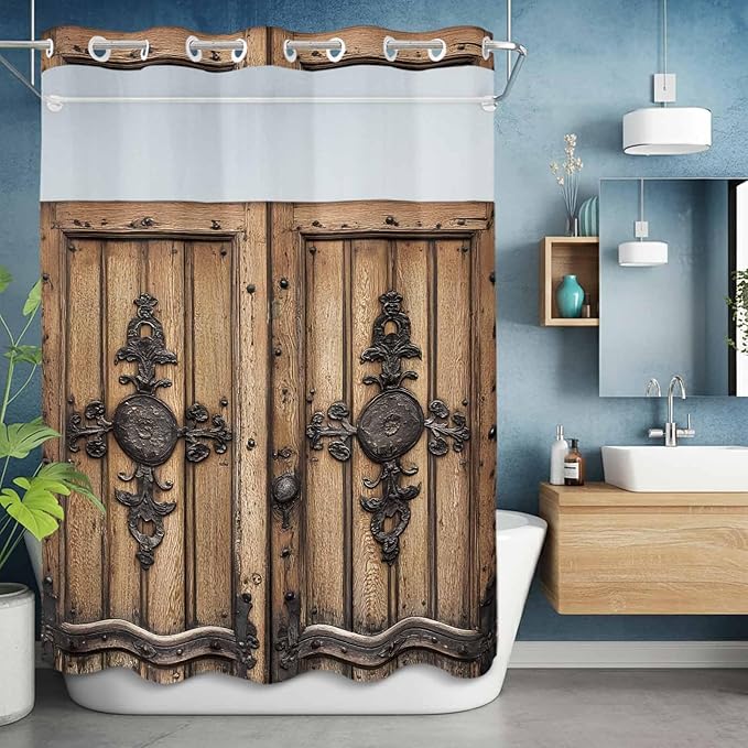 Wood Barn Door No Hook Shower Curtain with Snap in Liner Set, Waterproof Shower Curtains for Bathroom, Wooden Plank Fabric Shower Curtain, See Through Mesh Top Window, 48" W x 72" L
