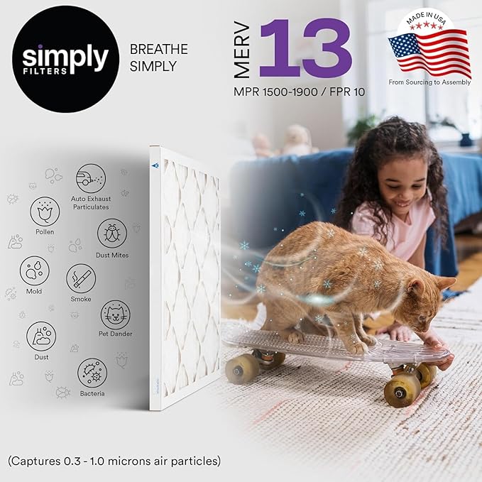 Simply 10x10x1 Air Filter, Merv 13, 6 Pack, For Home AC Furnace & HVAC (Actual Size: 9.75"x9.75"x0.75") DUST, Pet, & Allergy Control