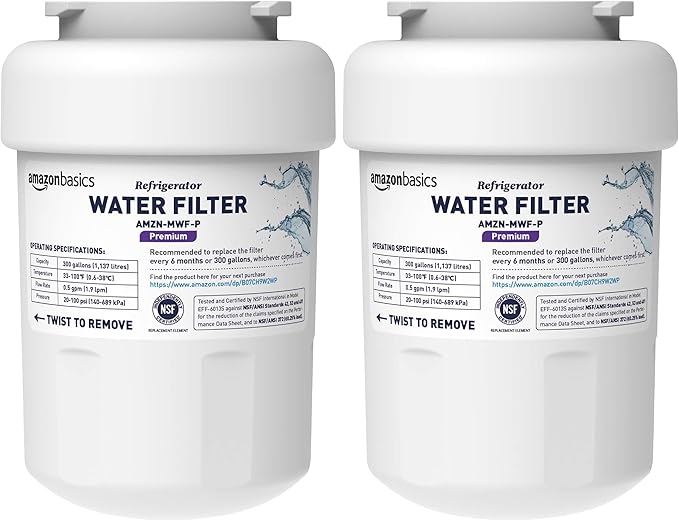 Amazon Basics Replacement GE MWF Refrigerator Water Filter Cartridge - Premium Filtration (Pack of 2)
