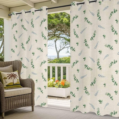 Leaf Outdoor Curtains for Patio Summer Jugal Leaves Pastoral Plant Linen Waterproof Outside Curtains with Grommet Top Weatherproof Curtain for Cabana Pergola Gazebo, 2 Pack, 54" W x 84" L