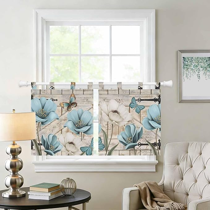 Teal Blue Tulips Kitchen Curtains 24 Inch Length, Small Window Curtains Tab Top, Spring Floral Barn Doors Vintage Wood Beige Light Filtering Short Window Treatments Tier Drapes 27.5"x24" 2 Panel