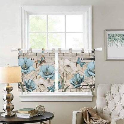 Teal Blue Tulips Kitchen Curtains 24 Inch Length, Small Window Curtains Tab Top, Spring Floral Barn Doors Vintage Wood Beige Light Filtering Short Window Treatments Tier Drapes 27.5"x24" 2 Panel