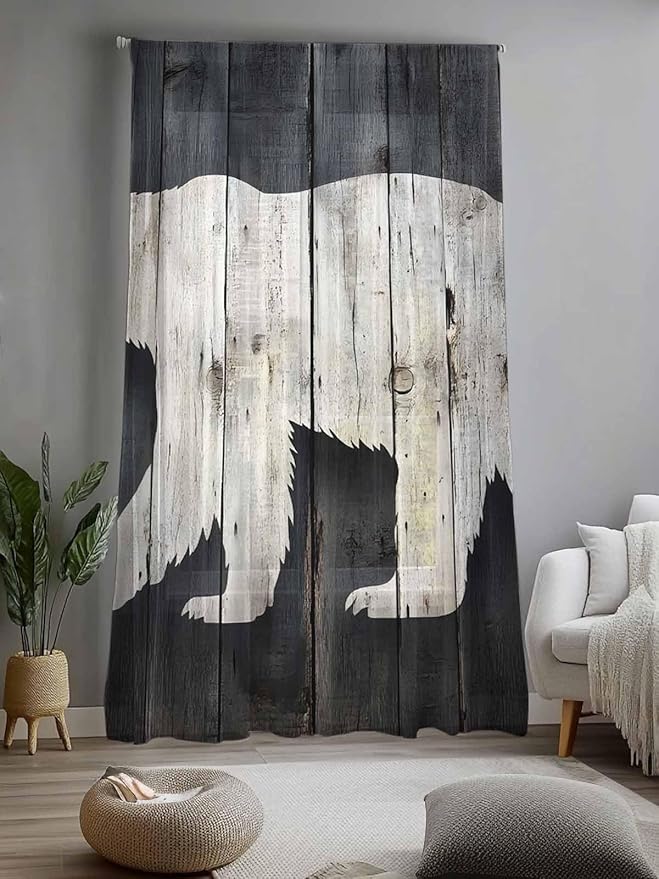 Sheer Curtains 108 Inches Long, White Brown Bear Semi Sheer Curtains Light Filtering Window Treatment, Rustic Counrty Vintage Wood Grain Privacy Voile Drapes for Living Room Bedroom 52x108 Inch