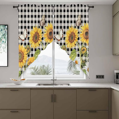 Sunflowers Swag Valances for Windows, Yellow Flowers Butterfly Farmhouse Black Plaid Rod Pocket Kitchen Curtains Valance, Small Window Curtains Swag for Cafe Bathroom Living Room, 2 Panels, 28x36 inch