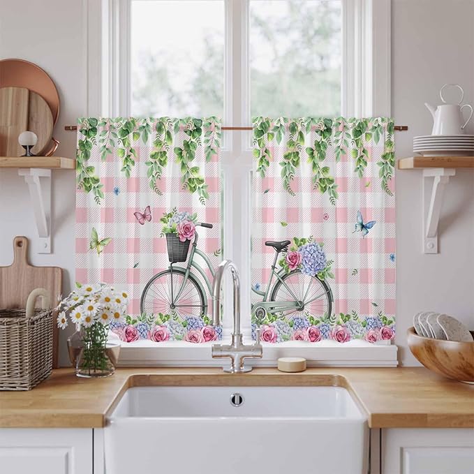 Spring Kitchen Curtains, Bicycles Leaves Butterfly Flowers Pink Buffalo Plaid Light Filtering Window Curtain Panels, 2Pcs Rod Pocket Window Treatments Set for Study Room Bathroom Bedroom 52x54 Inches
