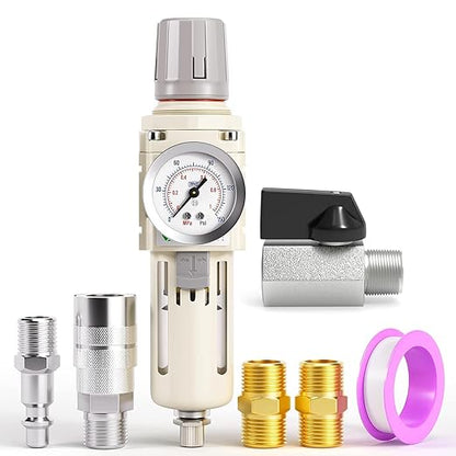TAILONZ PNEUMATIC 1/2 Inch NPT White Air Filter Pressure Regulator Combo Piggyback, Air Tool Compressor Filter with Gauge AW4000-04