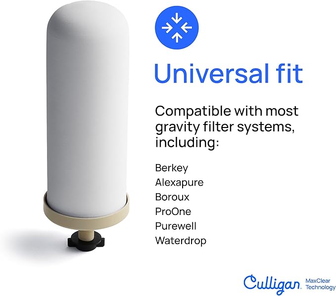 Culligan MaxClear 7” Gravity Water Filter Replacement Compatible with ProOne & Berkey Water Filter Systems, Ceramic & Carbon Filter NSF/ANSI Certified, Reduce Total PFAS, Microplastics & Lead, 3-Pack