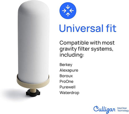 Culligan MaxClear 7” Gravity Water Filter Replacement Compatible with ProOne & Berkey Water Filter Systems, Ceramic & Carbon Filter NSF/ANSI Certified, Reduce Total PFAS, Microplastics & Lead, 3-Pack